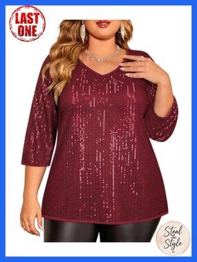 Plus Size Sequin Tunic Top V-Neck 3/4 Sleeve Party T-Shirt